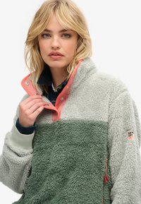 Fleece-pullover med grå krop, grøn nederste panel og lyserød krave. Har halv lynlås lukning og sidelommer med røde lynlåse.