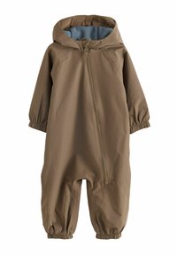 Combinaison marron une pièce avec fermeture éclair et poignets élastiques. Comprend une capuche doublée avec un intérieur bleu doux pour la chaleur et le confort.