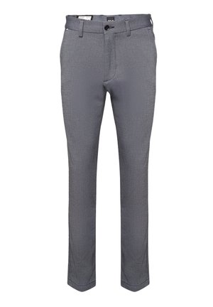 Slim-fit grijze heren dresspantalon met riemlussen, een steekzak en een rits met knoopsluiting.
