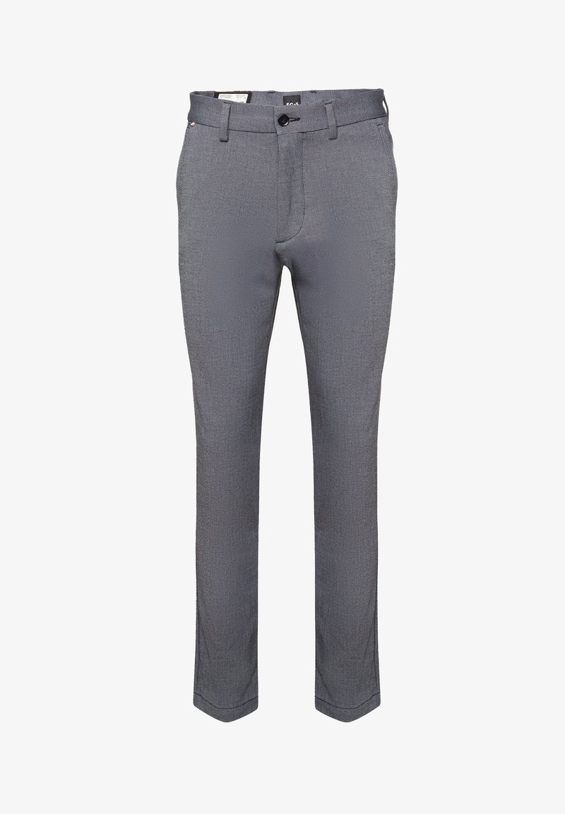 Slim-fit grijze heren dresspantalon met riemlussen, een steekzak en een rits met knoopsluiting.