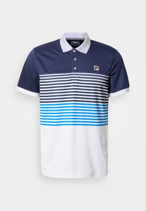 Pikéskjorte i marineblått og hvitt med horisontale striper i blåtoner. Stoffet er glatt med klassisk krage og tre knapper.