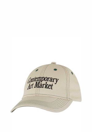 Beige baseball cap with dark green accents, featuring embroidered text "Contemporary Art Market" on the front and stitched details.