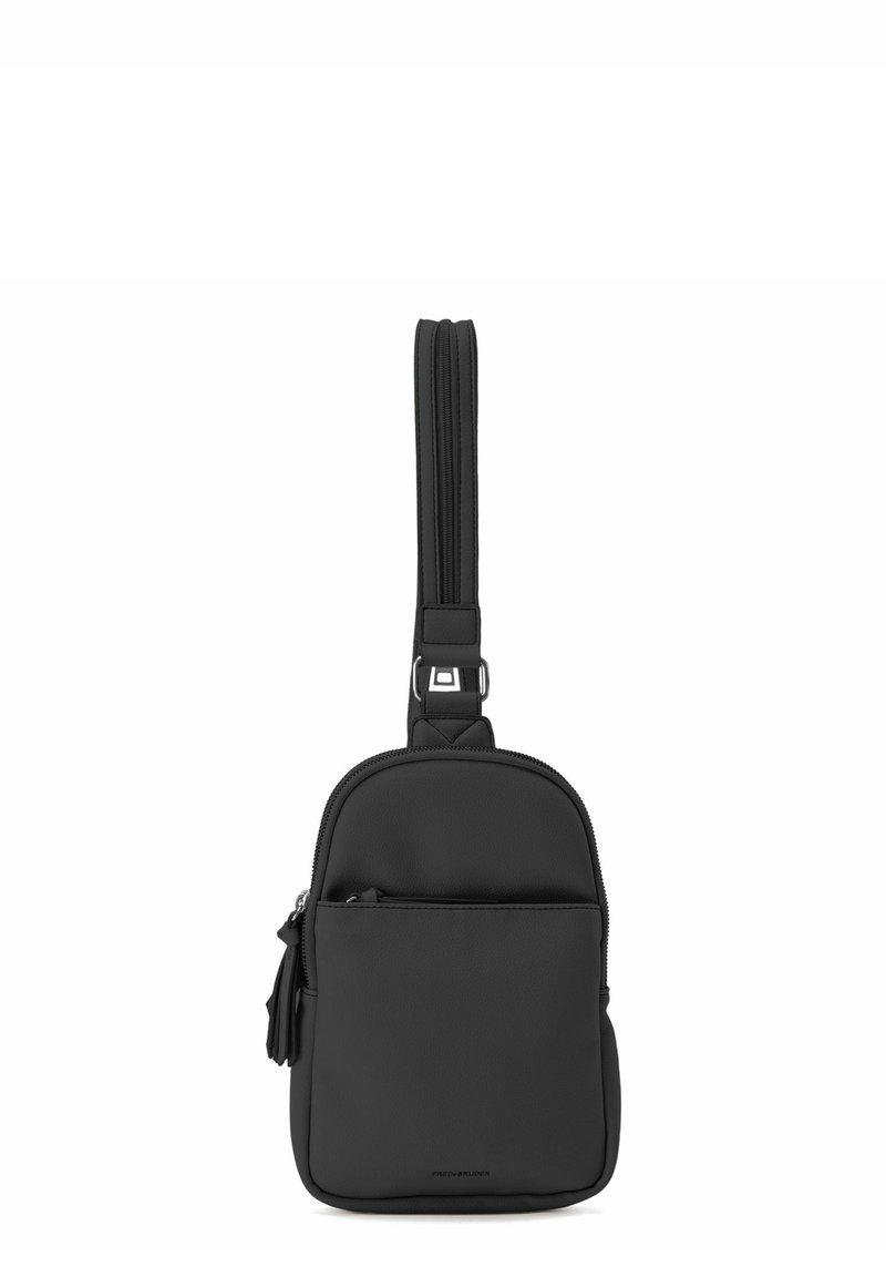 Bolso bandolera negro hecho de material sintético texturizado. Cuenta con un bolsillo con cremallera en la parte frontal, correa ajustable y fondo redondeado.