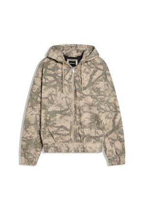 Beige and gray zip-up hoodie with abstract camo pattern, front pockets, drawstring hood, and elastic cuffs and hem.