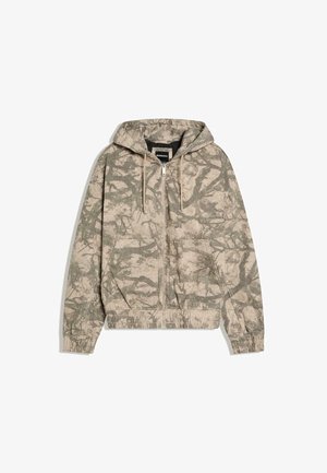 Beige and gray zip-up hoodie with abstract camo pattern, front pockets, drawstring hood, and elastic cuffs and hem.