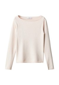 Maglione lavorato a maglia rosa chiaro con maniche lunghe, scollatura a barca e una finitura testurizzata. Presenta bordi a costine all'orlo e ai polsini.