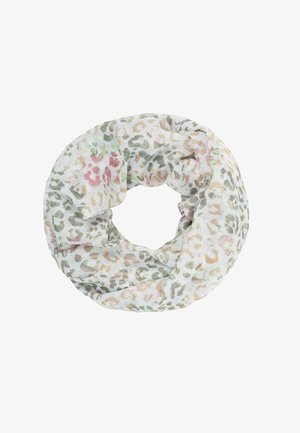 Leichter weißer Loop-Schal mit weichem Leopardenmuster in gedämpften Rosa-, Beige- und Grüntönen, vor weißem Hintergrund dargestellt.