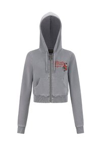Grijze cropped zip-up hoodie met voorzakken, trekkoorden en rode tekst "Ed Hardy designs" met een rozenafbeelding op de borst.