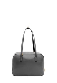 Szara skórzana torebka na podwójnych ramiączkach, prostokątnego kształtu, z złotymi akcentami i gładką fakturą. Zamek błyskawiczny na dole.