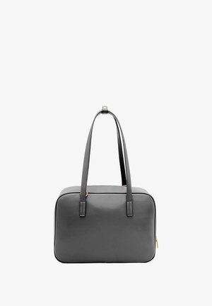 Szara skórzana torebka na podwójnych ramiączkach, prostokątnego kształtu, z złotymi akcentami i gładką fakturą. Zamek błyskawiczny na dole.