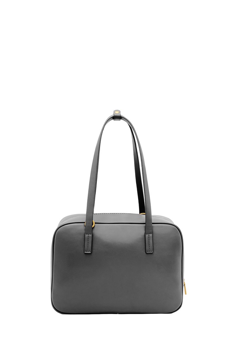 Szara skórzana torebka na podwójnych ramiączkach, prostokątnego kształtu, z złotymi akcentami i gładką fakturą. Zamek błyskawiczny na dole.