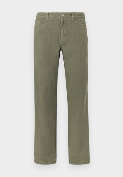 Παντελόνι ελιάς με ίσια γραμμή από βαμβακερό μείγμα ύφασμα, με μπροστινό κούμπωμα με κουμπιά και δύο πλαϊνές τσέπες. Μινιμαλιστικός σχεδιασμός.