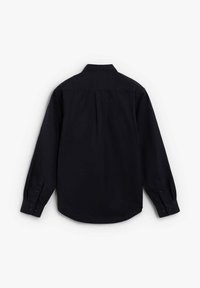 Schwarzes Langarmhemd mit Button-Down-Kragen, Rückenpasse und geknöpften Manschetten. Glatte Textur, leichtes Material und normale Passform.