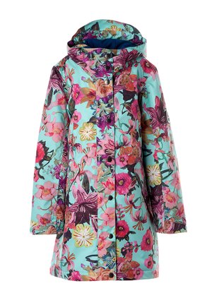 Vandeniui atsparus gėlių lietpaltis su turkio spalvos pagrindu ir ryškiais rožiniais, violetiniais bei geltonais raštais. Turintis gobtuvą ir sagčių uždarymą.