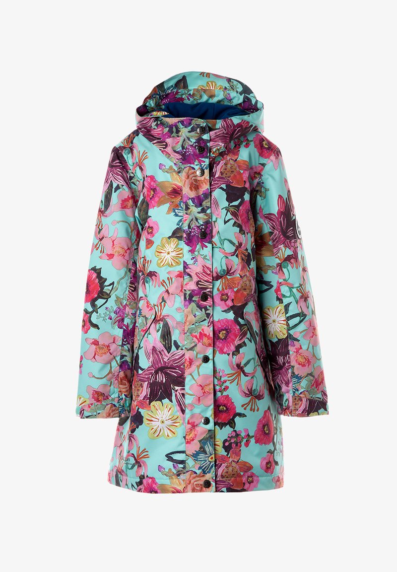 Ūdensnecaurlaidīgs ziedu lietusmētelis ar tirkīza krāsas pamatu un spilgti rozā, purpursarkanām un dzeltenām uzdrukām. Aprīkots ar kapuci un pogu aizdari.