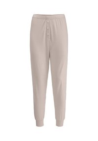 Helle beige Baumwoll-Loungewear-Hosen mit elastischem Bund, fünf-Knopf-Reißverschluss, Seitentaschen und eng anliegenden Bündchen an den Knöcheln.