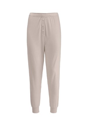 Helle beige Baumwoll-Loungewear-Hosen mit elastischem Bund, fünf-Knopf-Reißverschluss, Seitentaschen und eng anliegenden Bündchen an den Knöcheln.