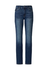 Jean en denim bleu foncé avec une coupe droite, cinq poches et un léger délavage, dotés d'une fermeture à bouton et de détails de ceinture cousus.