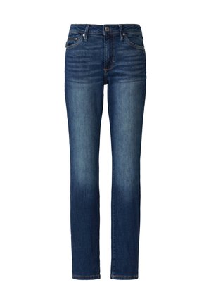Dark blue denim jeans with a straight cut, five pockets, and light fading, featuring a button closure and stitched waistband detail.
