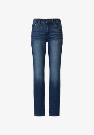 Dark blue denim jeans with a straight cut, five pockets, and light fading, featuring a button closure and stitched waistband detail.