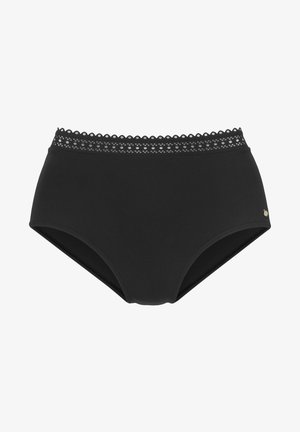 Mutande nere a vita alta con bordo in pizzo scallopato lungo l'elastico in vita. Tessuto liscio senza motivi visibili o dettagli in metallo.