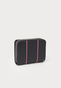Black leather wallet with gold zipper, featuring three vertical stripes in red, white, and blue. Compact rectangular design, smooth texture.