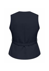 Navyblauw op maat gemaakte vest met verstelbare riem in de taille, mouwloos ontwerp en aansluitende achternaden voor vormgeving.