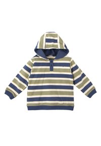 Sudadera con capucha a rayas en verde oliva, azul marino y crema. Presenta un cuello abotonado, mangas largas y una textura suave.