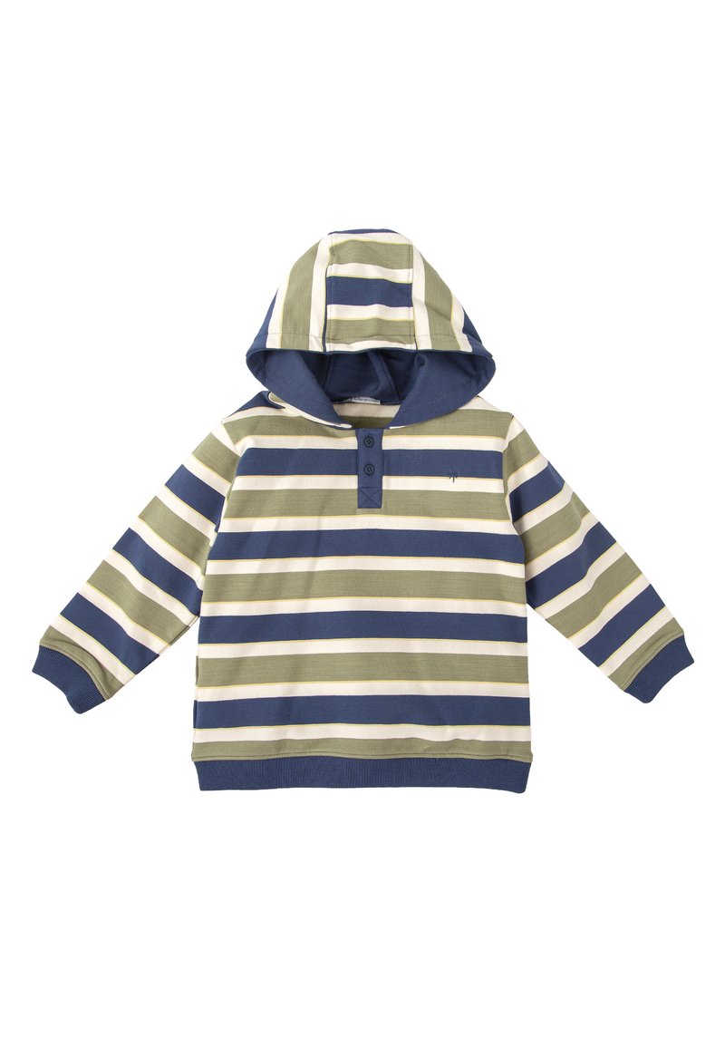 Sudadera con capucha a rayas en verde oliva, azul marino y crema. Presenta un cuello abotonado, mangas largas y una textura suave.