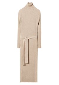 Abito turtleneck a maglia a coste in beige chiaro con maniche lunghe, vita sottolineata da una cintura e silhouette dritta, caratterizzato da una sottile texture.