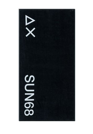 Asciugamano rettangolare nero con simboli bianchi PlayStation, triangolo e croce, nell'angolo in alto a sinistra e testo "SUN68" disposto verticalmente lungo il bordo sinistro.