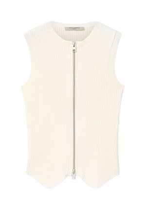 Bezrękawnik z prążkowanego dzianego materiału w kolorze ecru, z pełnej długości srebrnym suwakiem z przodu i okrągłym dekoltem.