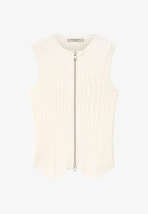 Sleeveless ribbed knit vest in off-white with a silver full-length front zipper and a round neckline.
