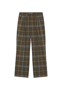 Bruna rutiga byxor med blå och gula accenter, med vida ben, enskilda veck och en platt midja för en strukturerad passform.