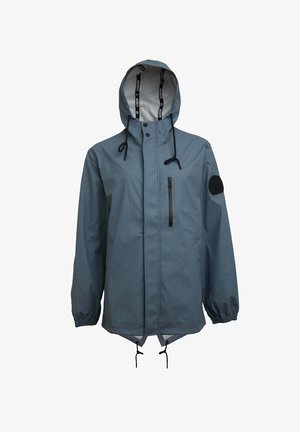 Grau wasserdichte Jacke mit Kapuze, schwarzem Reißverschluss, Fronttasche und elastischen Manschetten; verfügt über einen verstellbaren Kordelzugsaum und ein Logo-Patch.