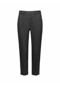 Pantalones con patrón de espiga en blanco y negro, con cintura ajustada, perfil esbelto y textura suave. Diseño de largo hasta el tobillo, sin herrajes visibles.