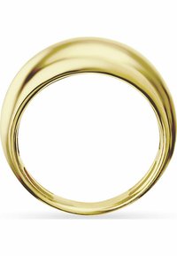 Guldtonad metallring med en slät, rund design. Har en polerad yta och ett brett band, vilket ger ett minimalistiskt utseende.