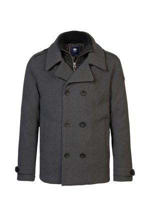 Šedý vlněný kabát peacoat s dvojitým zapínáním, velkými černými knoflíky, širokým límcem a bočními kapsami. Podšité interiérem z prošívané látky.