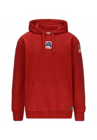 Felpa rossa con cappuccio, tasca frontale, cordini e logo USA ricamato. Presenta una piccola patch della bandiera americana sulla manica sinistra.