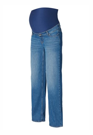 Schwangerschaftsjeans mit elastischem marineblauem Bund, hellblauem Denim, geradem Bein Design und subtiler Ausbleichung. Verfügt über eine Fünf-Taschen-Optik.