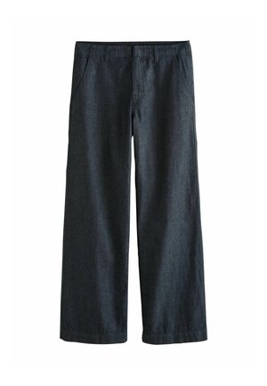 Tmavomodré nohavice s rovnými nohavicami, s pútkami na opasok, bočnými vreckami a skrytým predným zapínaním.