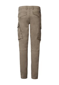Beige cargobroek met een slim fit, voorzien van twee zijzakken, twee achterzakken en versterkte knieën. Gemaakt van duurzaam materiaal met een gladde textuur.