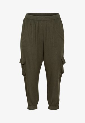 Olíva zöld cargo nadrág puha anyagból, elasztikus derékkal, két elülső zsebbel és két oldalsó fedett zsebbel gombos záródással.