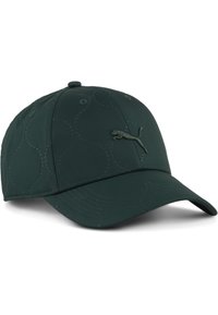 Gorra verde oscuro hecha de tela suave. Presenta un visera curvada, una corona redondeada y un logo bordado en el frente. Detalle de patrón cosido.