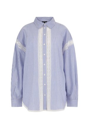Chemise à rayures bleu et blanche, à manches longues, avec des accents en dentelle et un col classique. Tissu doux avec une coupe décontractée.