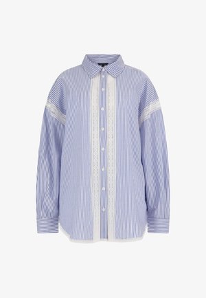 Svītrainā zila un balta pogājamā krekla ar garām piedurknēm, mežģīņu akcentiem un klasisku apkakli. Mīksts audums ar brīvu piegriezumu.