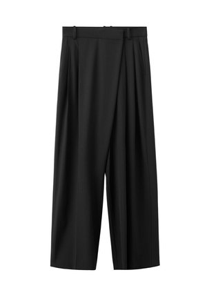 Pantaloni negri largi, cu talie înaltă, pliuri frontale, găici pentru curea și închidere frontală ascunsă.