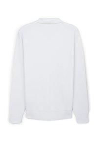 Weißer Pullover mit langen Ärmeln und einer weichen Textur, ausgestattet mit einem klassischen Kragen und gerippten Bündchen, entworfen mit einem geraden Saum.