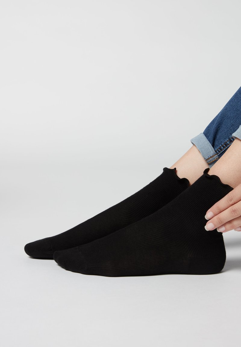 Sorte ribbede ankelstrømper med en bølget topkant, der har en glat tekstur og en tætsiddende form, båret på fødderne med rullede denimbukser.