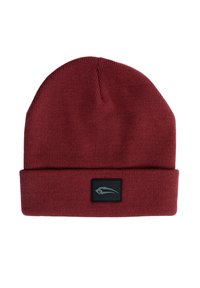 Beanie lavorato a maglia rossa con risvolto, dotato di una patch logo nera con una grafica grigia. Texture morbida e design a maglia stretta.